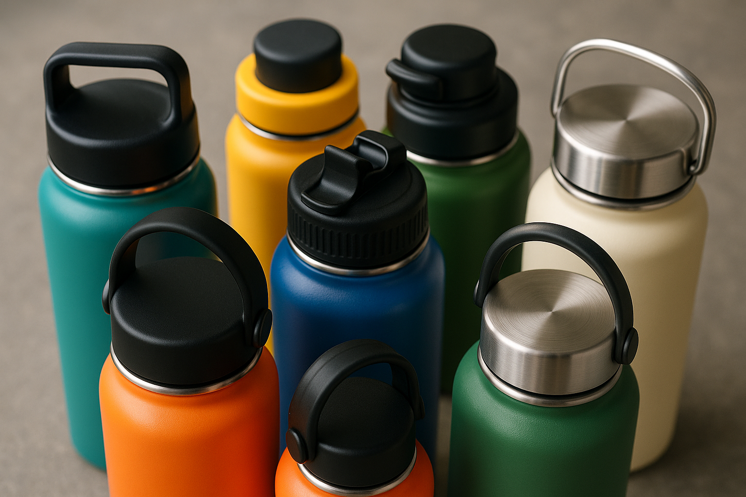 Close-up of diverse insulated stainless steel water bottle lids in various styles and colors. Alt: Variety of lid options for stainless steel insulated water bottles.