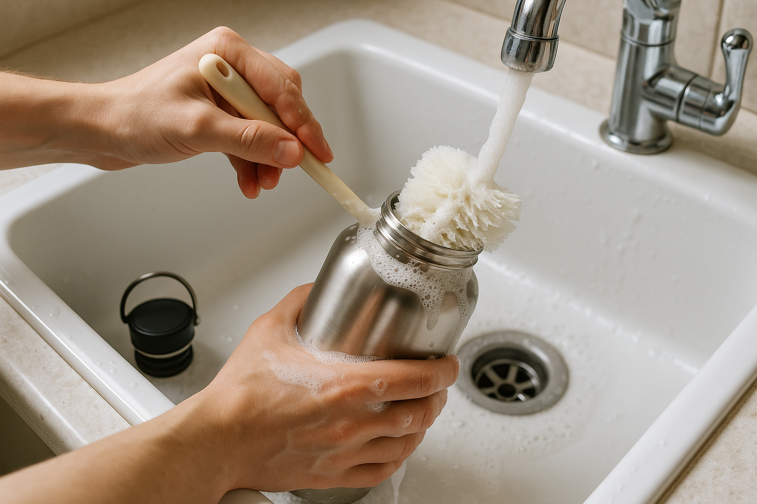 Person cleaning stainless steel water bottle with a bottle brush and soap. Alt: Maintaining and cleaning stainless steel insulated water bottle for best hygiene.