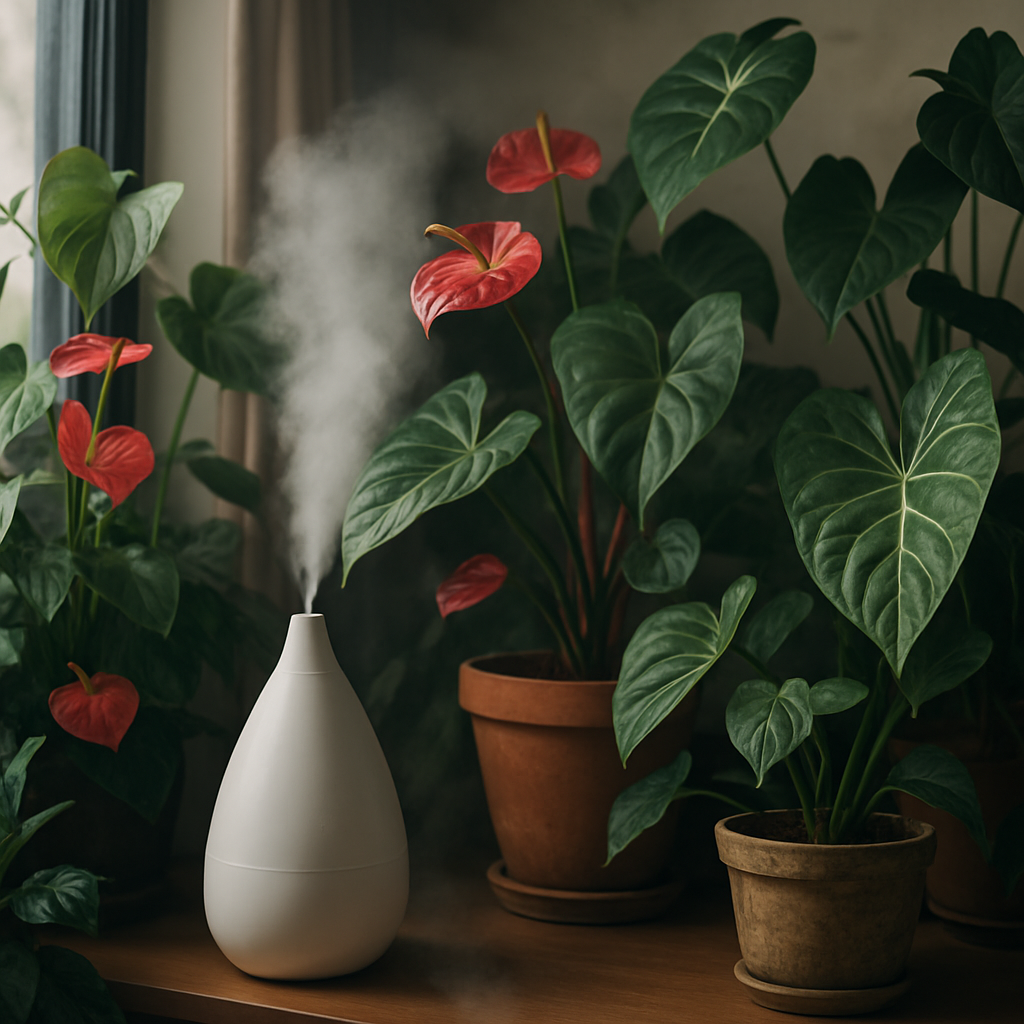 A cozy indoor plant nook with anthuriums and aroids flourishing next to a well-placed, gently misting humidifier. Alt: Humidifier for plants setup enhancing humidity for healthy anthuriums and aroids.