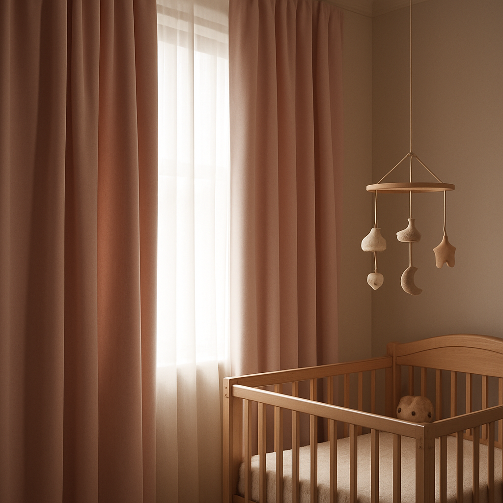 A cozy nursery window dressed with soft, double‑lined blackout curtains in a pastel hue, a plush crib nearby, and a subtle wooden mobile hanging. Alt: Nursery blackout curtains for a serene sleep environment.
