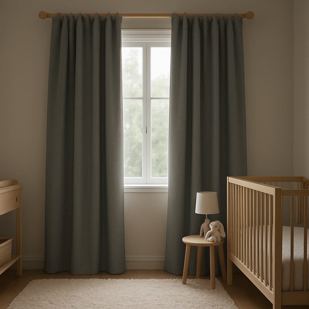 A serene nursery window showing soft‑linen blackout curtains in a muted gray, paired with a natural‑wood rod and a plush ivory rug. Alt: blackout curtains for nursery styled with modern minimalist décor