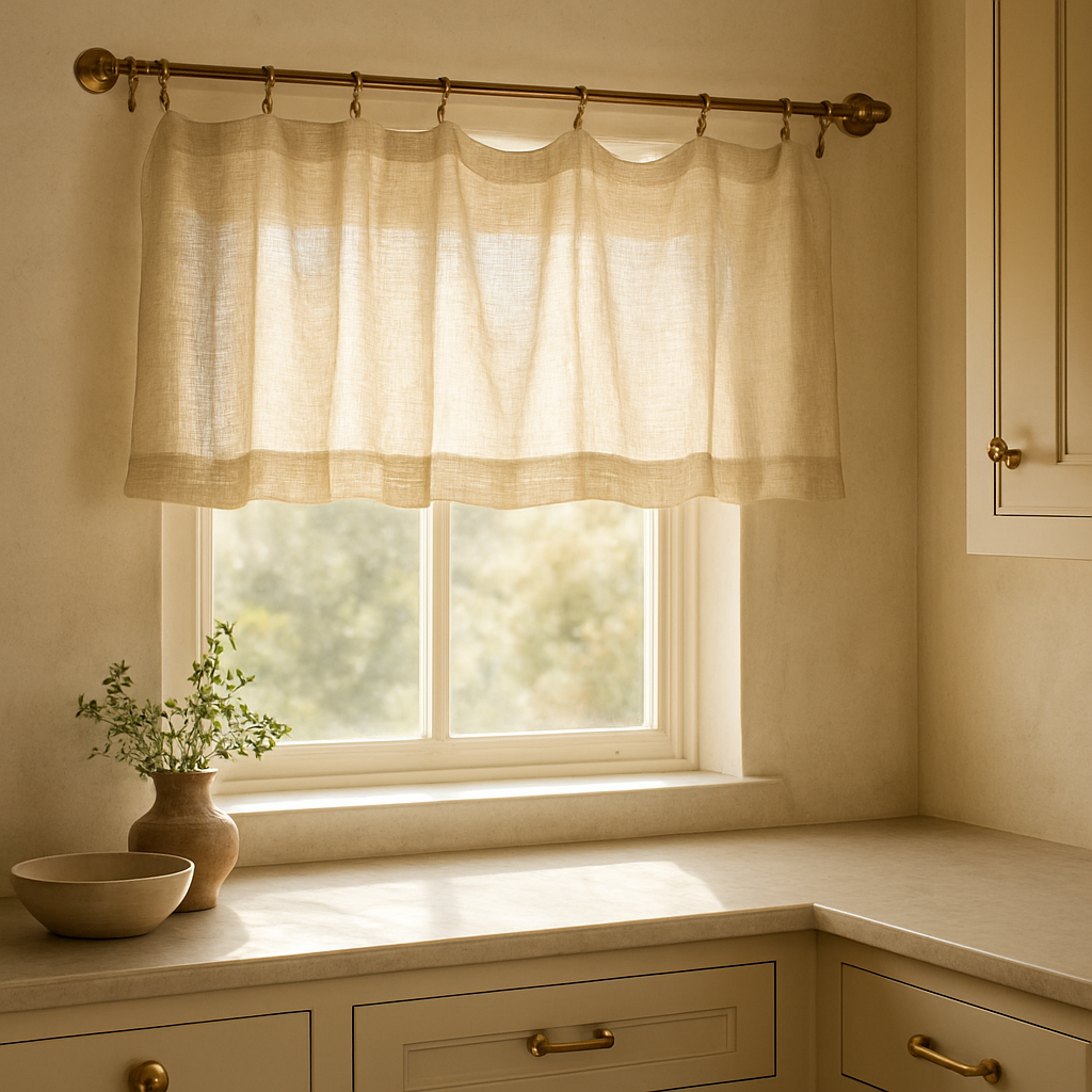 A sunlit kitchen window with bespoke aged‑brass curtain rail, soft linen cafe curtains draped, and matching brass hardware accents on nearby cabinets. Alt: cafe curtains for kitchen windows with brass hardware complementing bespoke homeware
