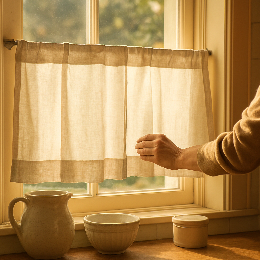 A sunlit kitchen window with neatly folded cafe curtains, showing subtle dusting and a hand gently smoothing the fabric. Alt: cafe curtains for kitchen windows care and maintenance.