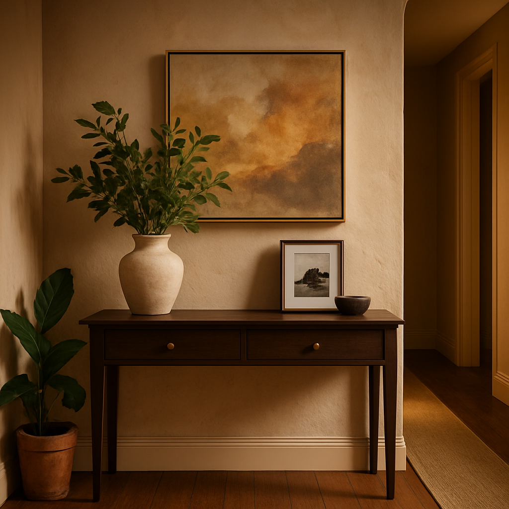 A decorative hallway featuring a console table with a vase and framed photo. Alt: Console table in hallway with plant and artwork