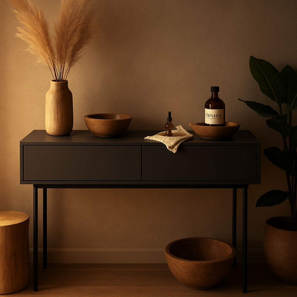 A modern console table with a matte polyurethane finish, surrounded by natural wood decor and soft lighting. Alt: Eco‑friendly console table maintenance setup.