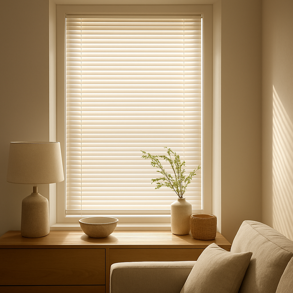 A sunlit shallow window with ultra‑slim inside‑mount blinds, showcasing the clean, built‑in look. Alt: inside mount blinds for shallow windows providing a seamless interior finish