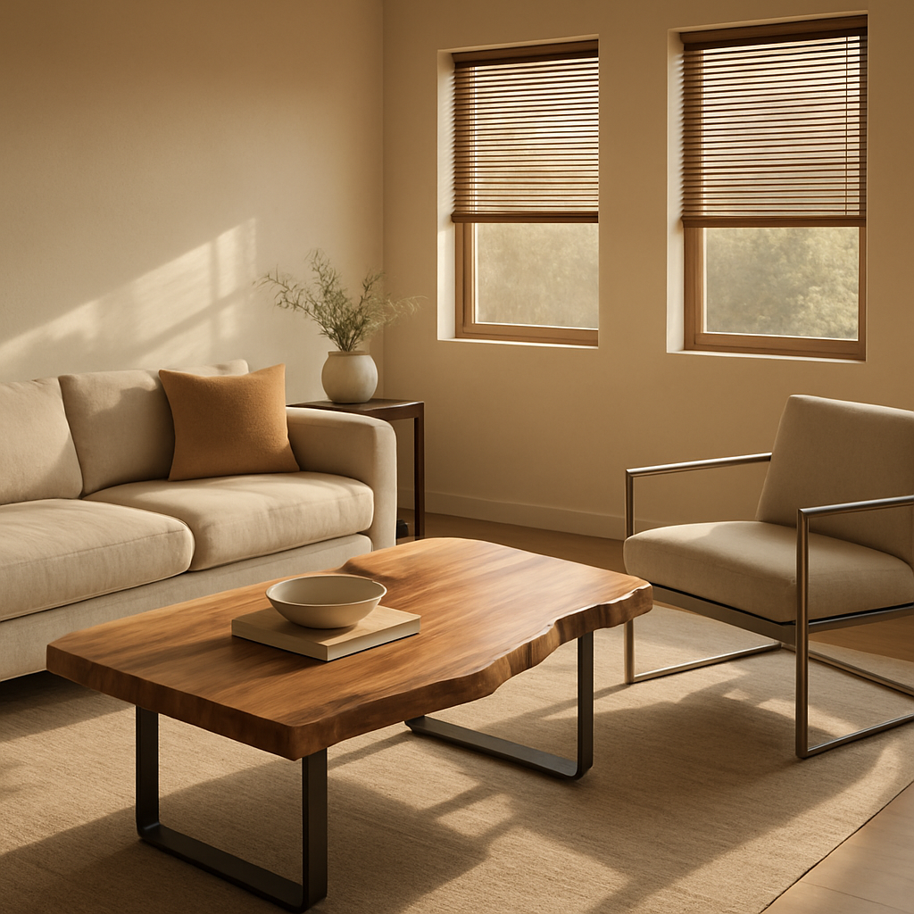 A sunlit living‑room with shallow windows, ultra‑slim inside‑mount blinds in a warm walnut finish, paired with a live‑edge acacia coffee table and a brushed‑nickel occasional chair. Alt: inside mount blinds for shallow windows styled with bespoke furniture