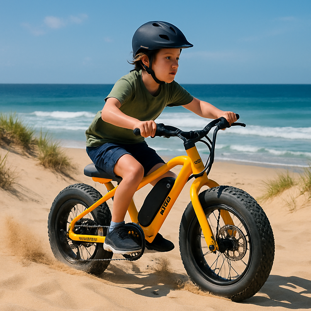 A kid riding a bright‑colored 16×4.0 in fat‑tyre e‑bike across a sunny Australian beach dune, kicking up sand, with the ocean in the background. Alt: kids electric bike australia on Australian beach terrain.