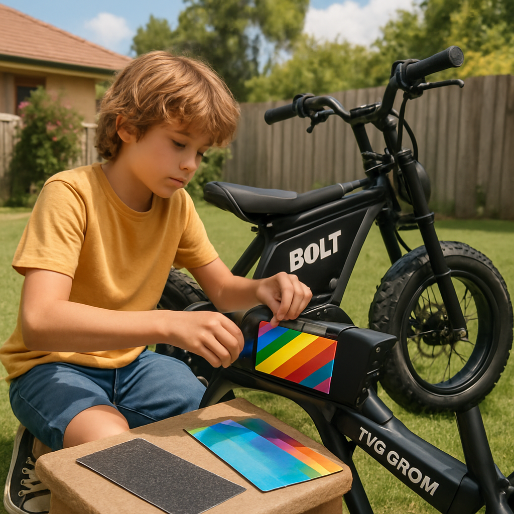 A child customizing their Bolt Bikes Grom e‑bike in a sunny backyard, swapping grip tape and applying a colourful battery sticker. Alt: kids electric bike australia customisation options personalisation