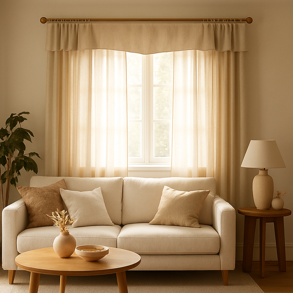 A bright living room with light filtering linen curtains, decorative brass finials, and a soft valance framing the window. Alt: Light filtering curtains for living room with bespoke details and accessories