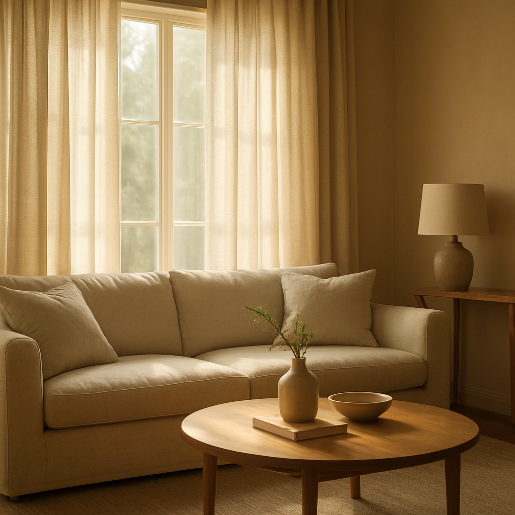 A sunlit living room with linen curtains soft, natural light filtering, showing a cozy sofa and coffee table. Alt: linen curtains for living room style and light
