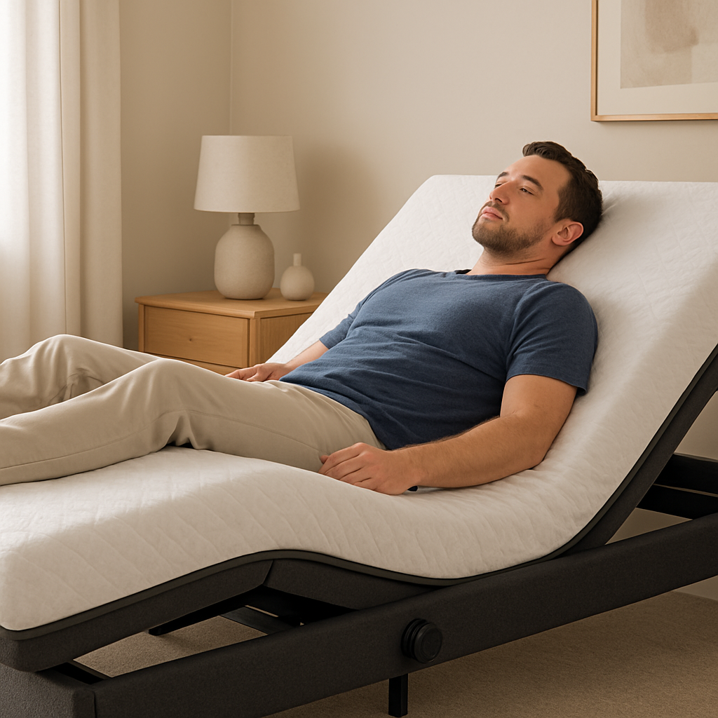 A person lying on an adjustable bed with a visible angle adjustment knob, showing a clear view of the bed frame and a gentle incline, set against a calm bedroom backdrop. Alt: Adjustable bed angle setting for back pain relief.