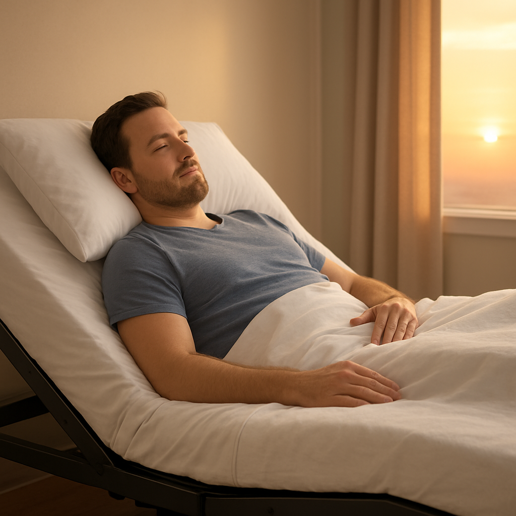 An adult in a relaxed sleep pose on an adjustable bed with a subtle sunrise glow in the background. Alt: Relaxed adult on an adjustable bed for back pain relief.