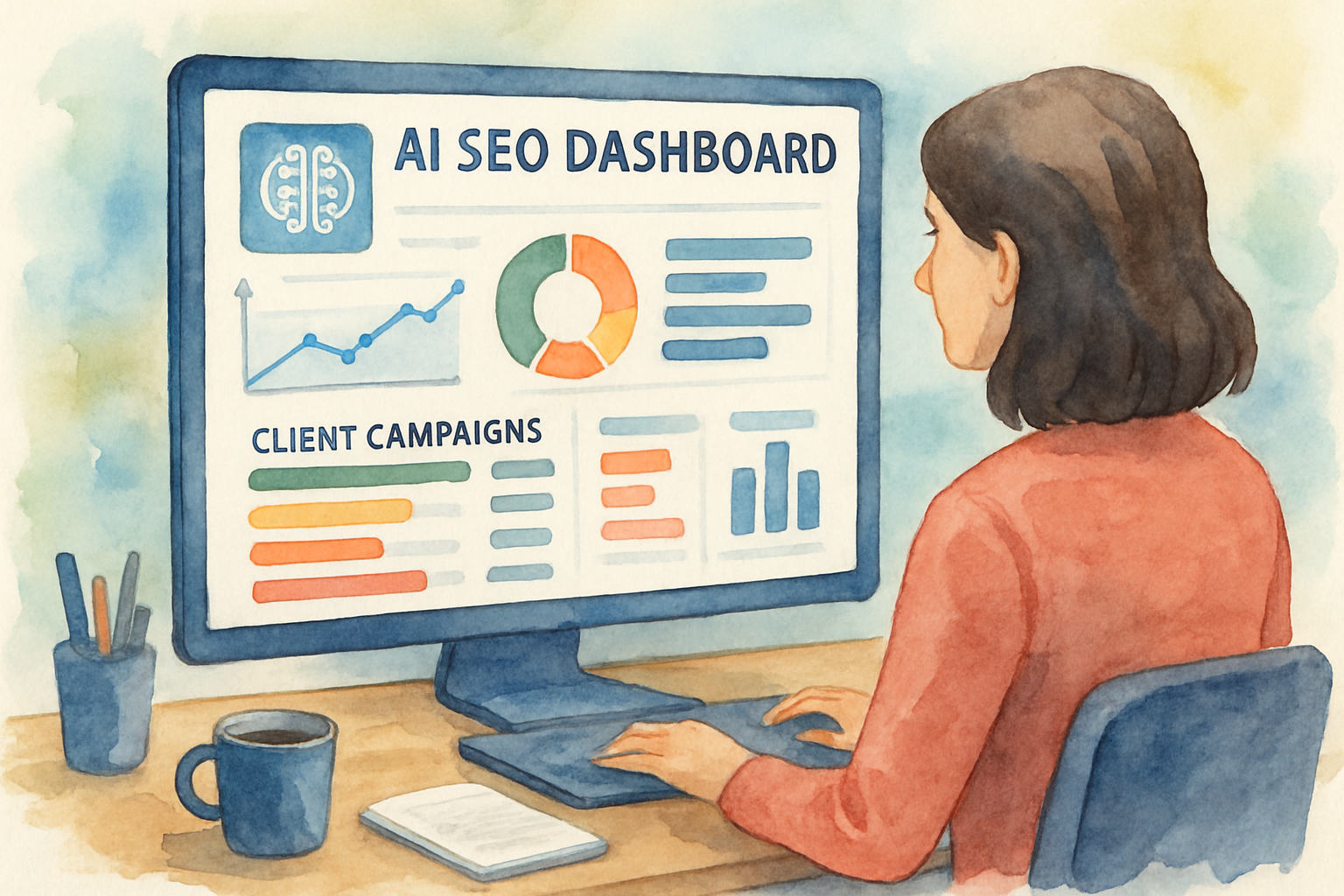 Illustration of an AI-powered SEO dashboard managing multiple client campaigns. Alt: agency using best ai seo software for agencies to streamline SEO workflows.