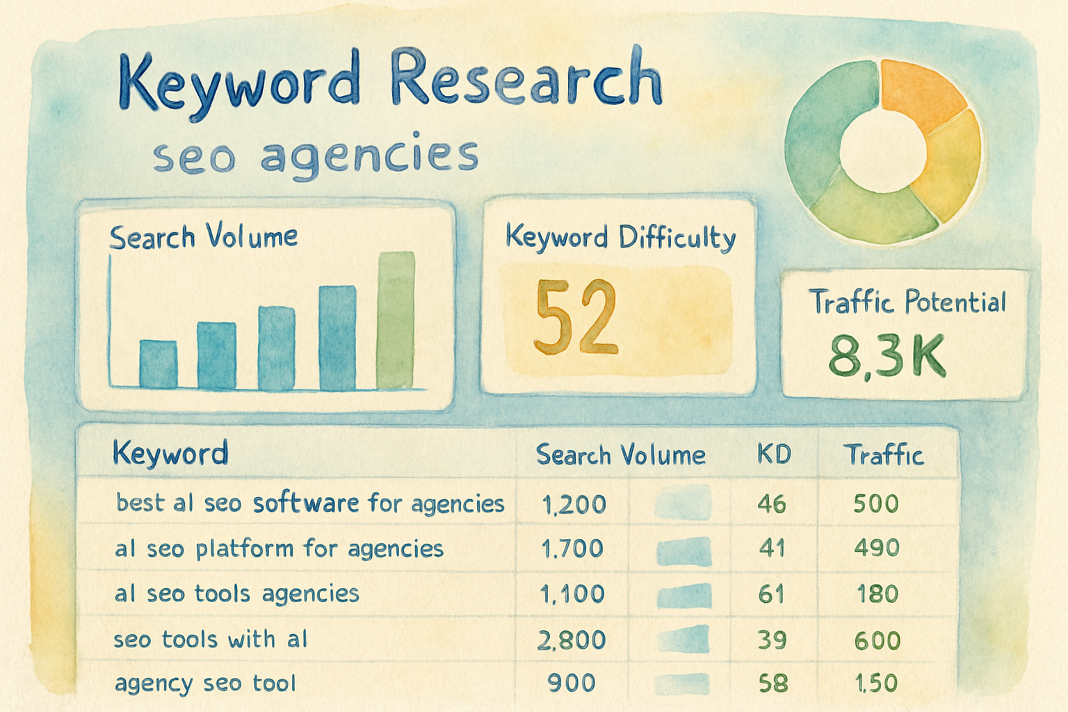 AI tool interface showing keyword research analytics for SEO agencies. Alt: best ai seo software for agencies keyword research and analysis dashboard.
