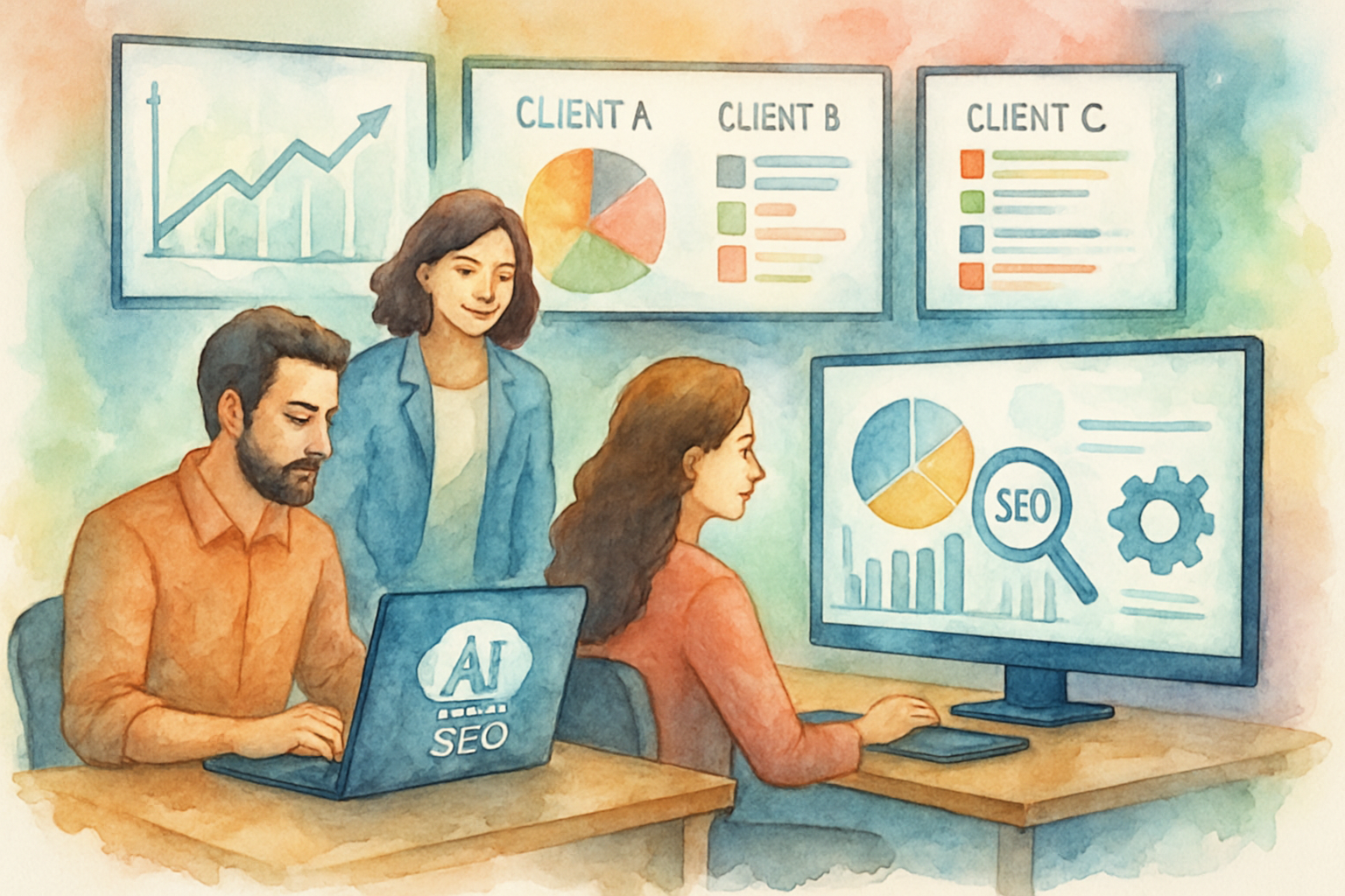 Creative visualization of an agency using AI tools to optimize multiple client SEO campaigns simultaneously. Alt: best ai seo software for agencies managing multiple projects efficiently.