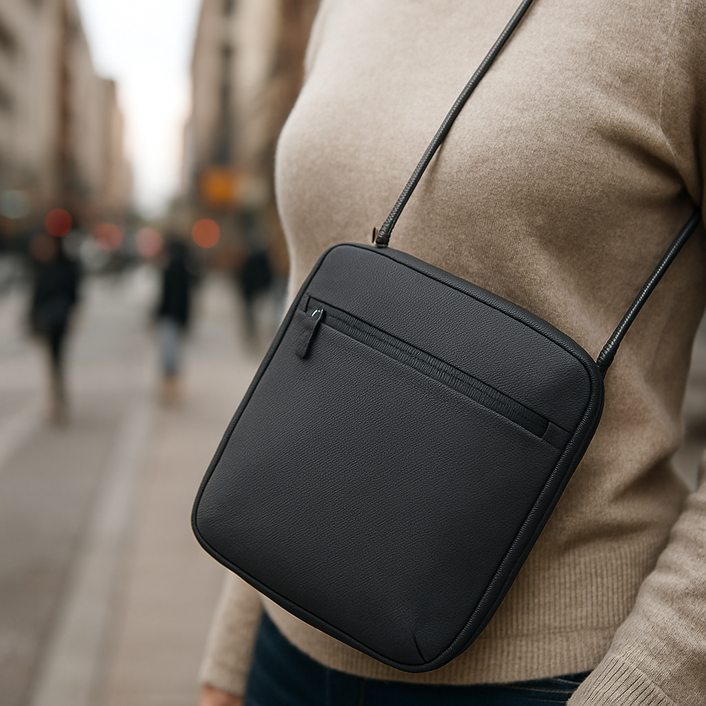 A close‑up of a sleek anti‑theft crossbody bag on a bustling city street, showing hidden zippers and a steel‑cable strap. Alt: anti theft crossbody bag for women with security features.