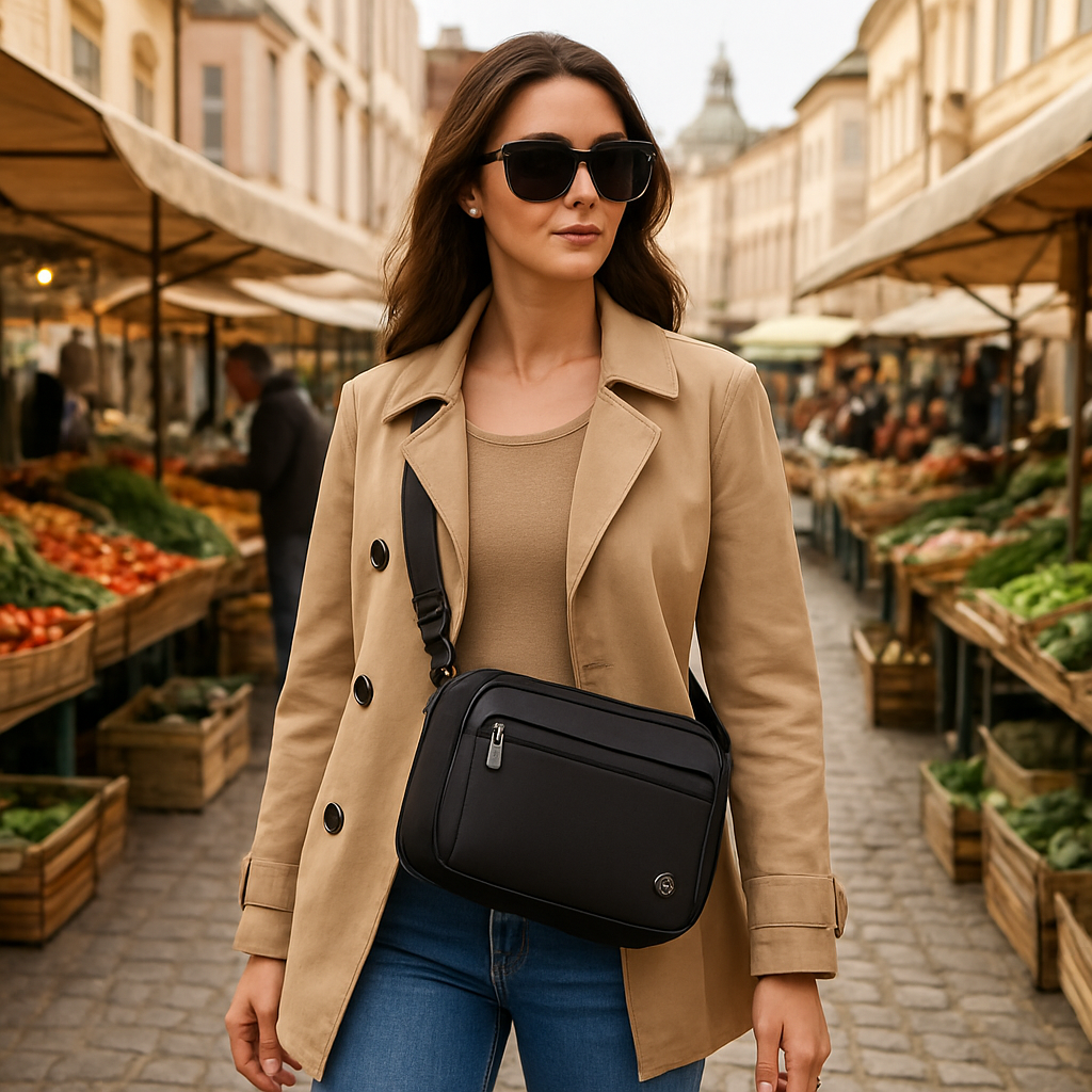 A stylish woman walking through a European city market, wearing an anti theft crossbody bag with sleek design and visible security features. Alt: anti theft crossbody bag for women style options.