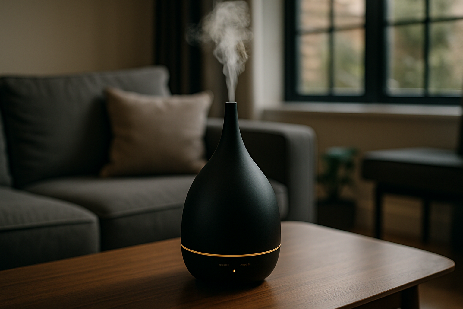 A sleek ultrasonic aromatherapy diffuser emitting mist in a stylish UK living room. Alt: best aromatherapy diffuser UK in modern home environment
