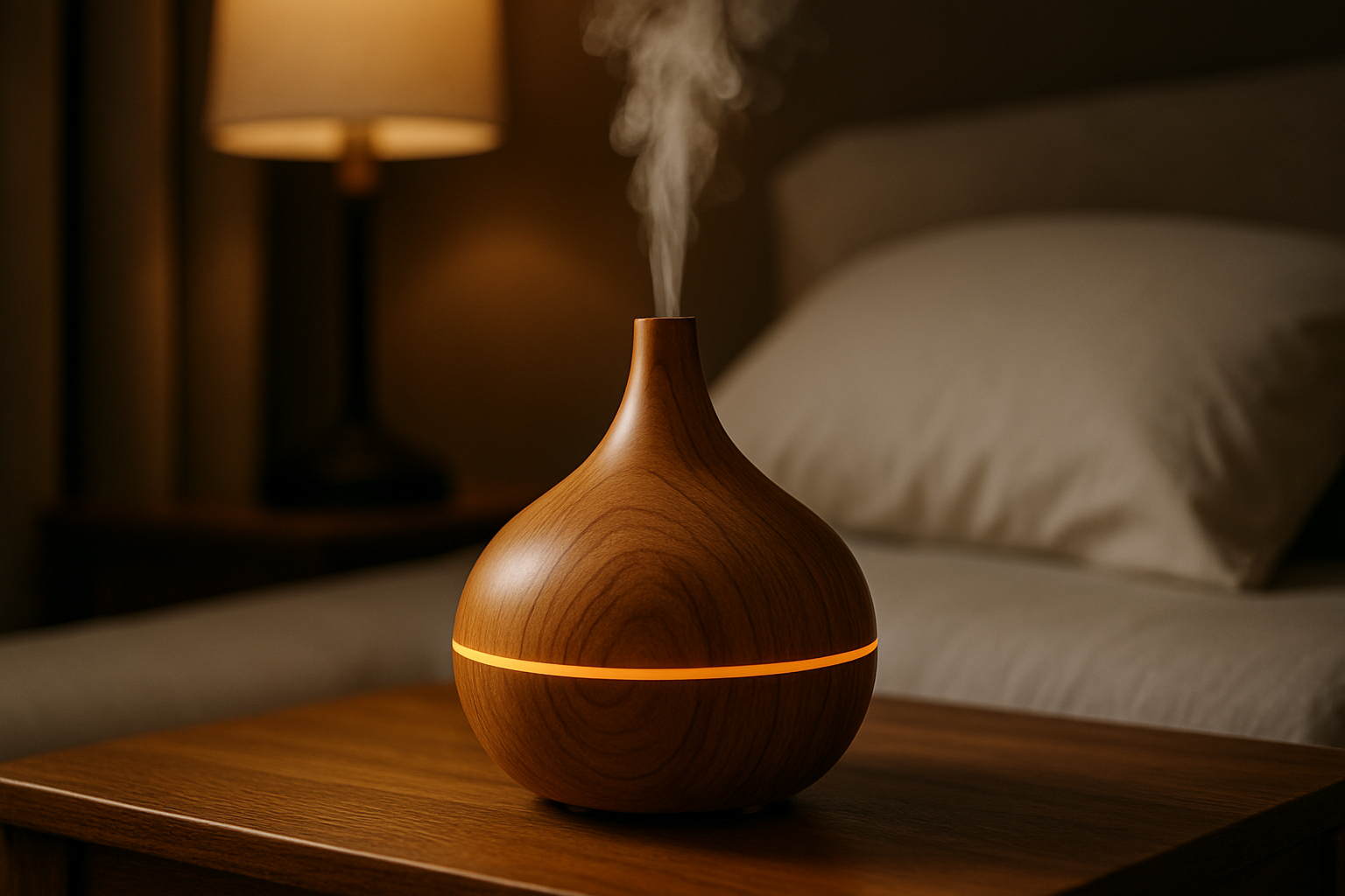 Detailed shot of a wooden ultrasonic diffuser with LED lights, set on a bedside table. Alt: luxury wooden aromatherapy diffuser best aromatherapy diffuser UK