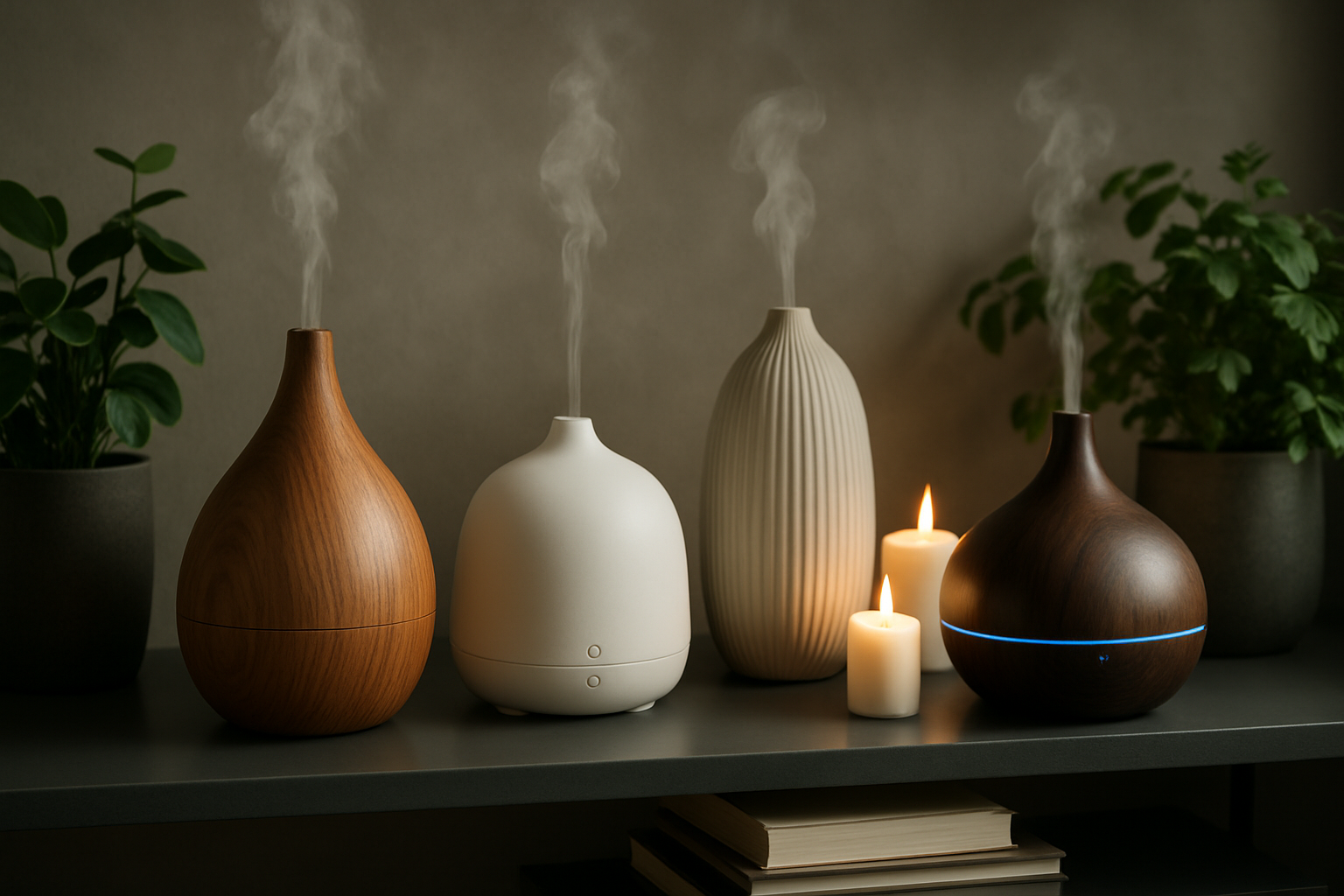 A collection of various aromatherapy diffusers on a contemporary shelf with plants, candles, and books. Alt: best aromatherapy diffuser UK collection wellness home decor