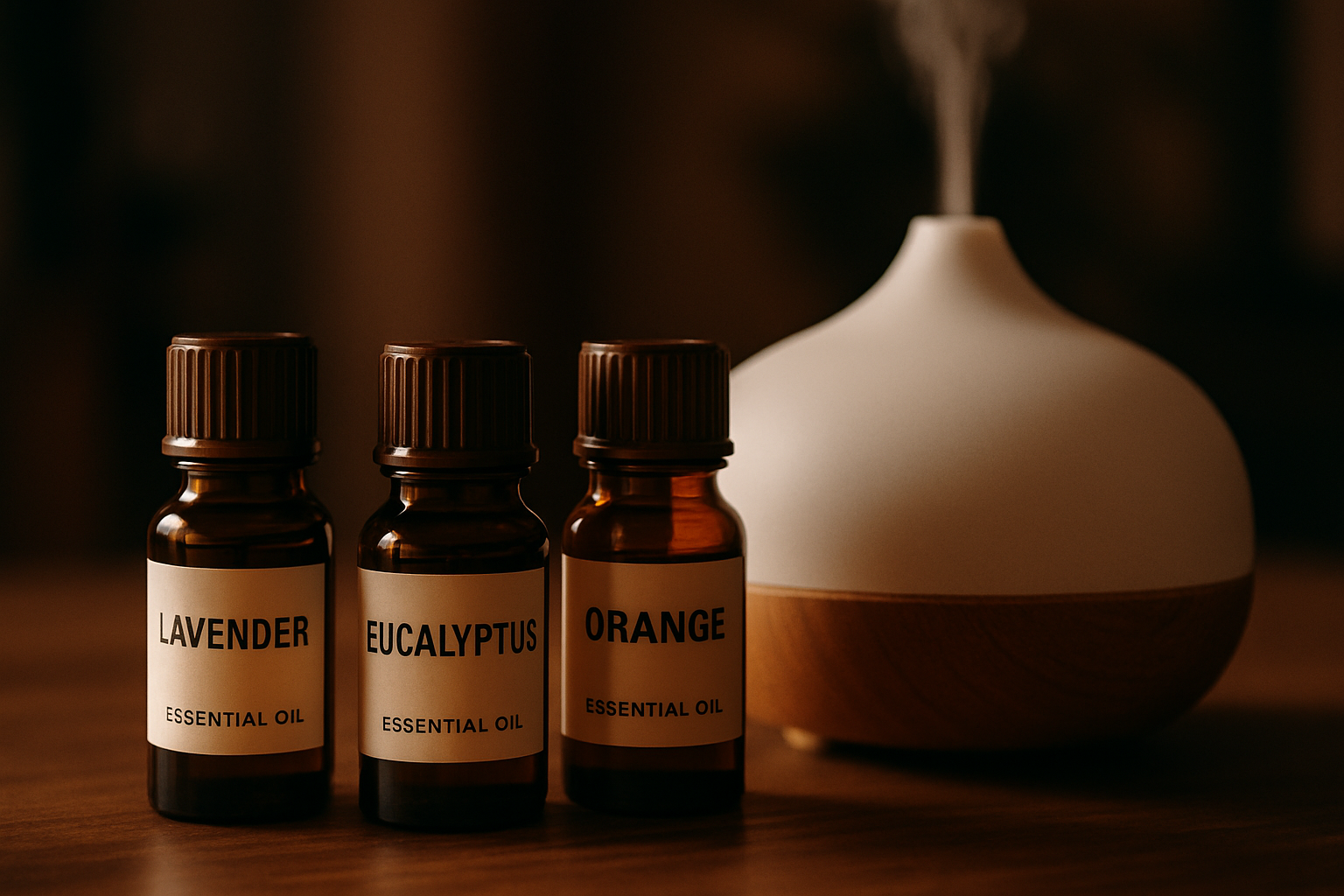 Close-up of essential oil bottles including lavender, eucalyptus, and orange with aromatherapy diffuser. Alt: essential oils for best aromatherapy diffuser UK wellness