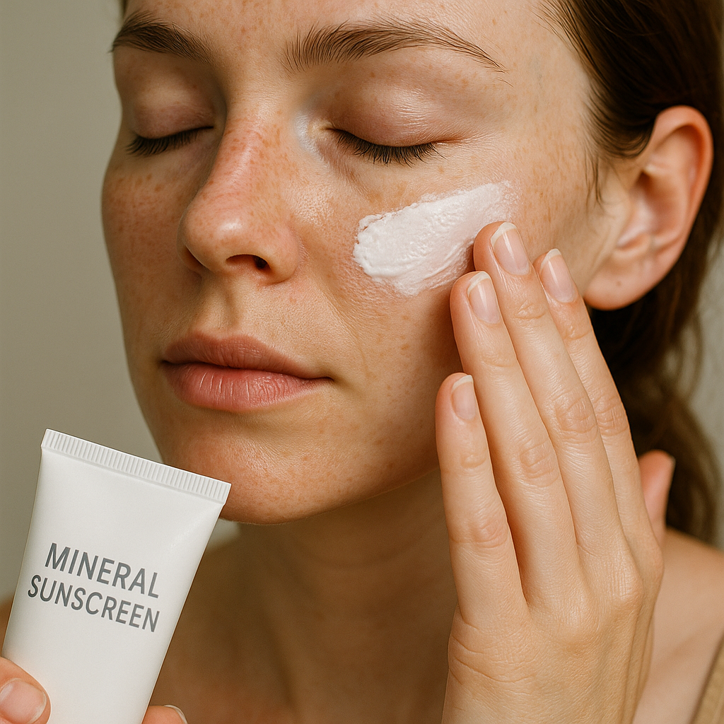 A close-up of a woman applying cruelty-free mineral sunscreen on sensitive facial skin. Alt: Best cruelty-free mineral sunscreen for sensitive skin application and protection.