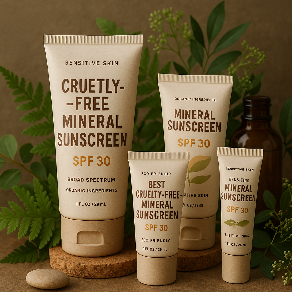 Range of cruelty-free mineral sunscreen products displayed on a sustainable, botanical setting. Alt: Best cruelty-free mineral sunscreen for sensitive skin with organic ingredients and eco-friendly packaging.