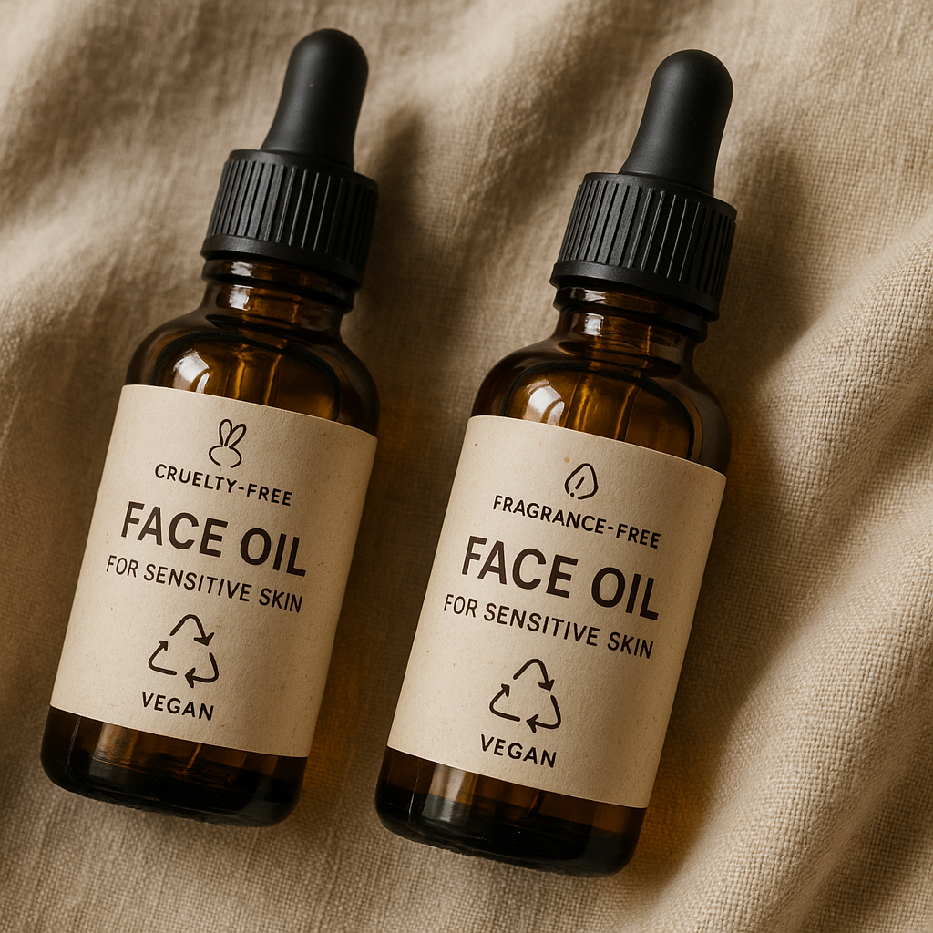 Close-up of cruelty-free, recyclable glass face oil bottles with eco-friendly labelling placed on a natural linen cloth. Alt: Sustainable packaging for the best fragrance-free vegan face oil for sensitive skin emphasizing eco-conscious beauty.
