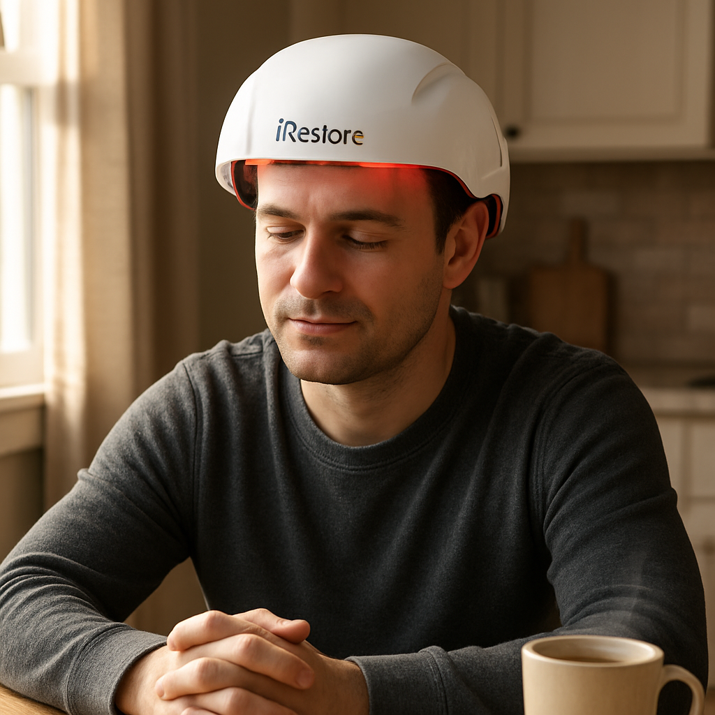 A realistic AI‑generated image of a person in their late thirties wearing the iRestore laser cap at a cosy kitchen table, sunlight streaming through the window, with a steaming mug of tea beside them. Alt: iRestore hair growth helmet being used at home.