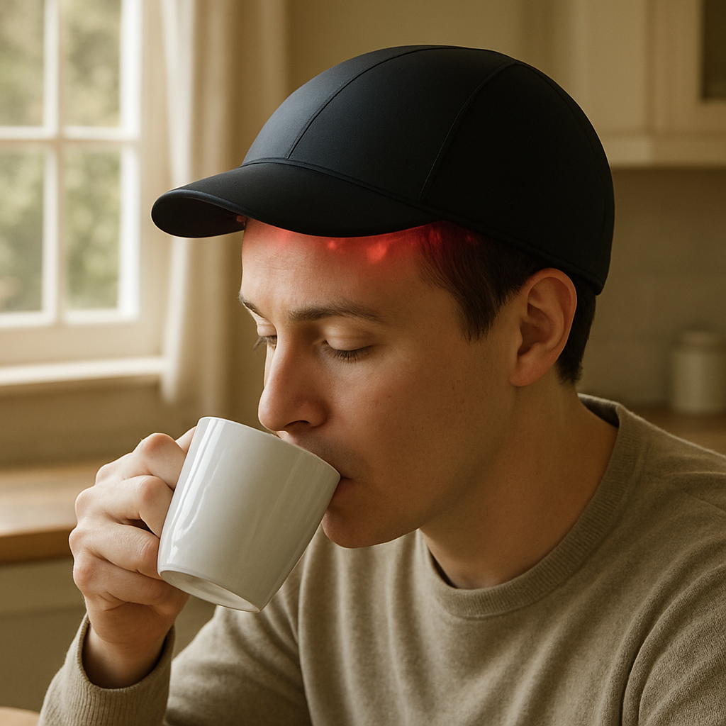 A close‑up of a person wearing a sleek laser cap while sipping tea at a kitchen table, soft morning light filtering through a British cottage window. Alt: Person using a laser cap for hair growth in a cosy home setting.