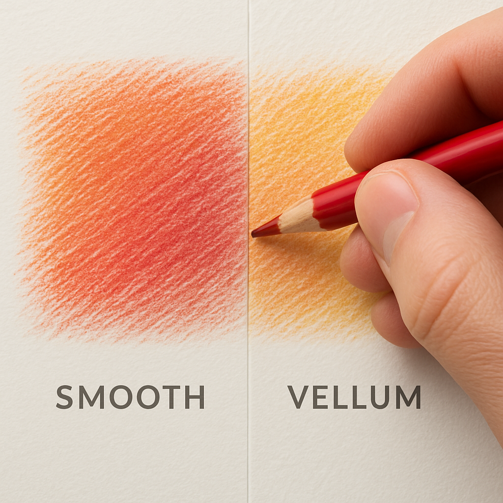 A close‑up of an artist’s hand layering colored pencils on a heavyweight Bristol sheet, showing smooth and vellum textures side by side. Alt: Heavyweight Bristol paper for colored pencils, smooth vs vellum surface.