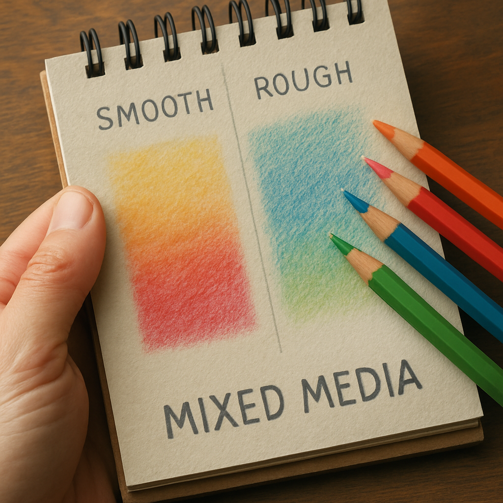 An artist’s hand holding a mixed‑media pad, showing both smooth and rough sides, with colored pencils poised for a gradient test. Alt: Choosing the right paper for colored pencils, test gradient on different textures.