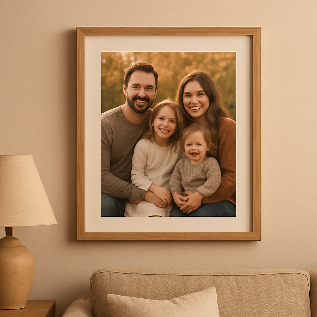 A warm‑lit living room wall featuring a family photo printed on matte cotton paper, framed in a light oak frame. Alt: matte cotton paper art print on wall, soft texture, glare‑free display.
