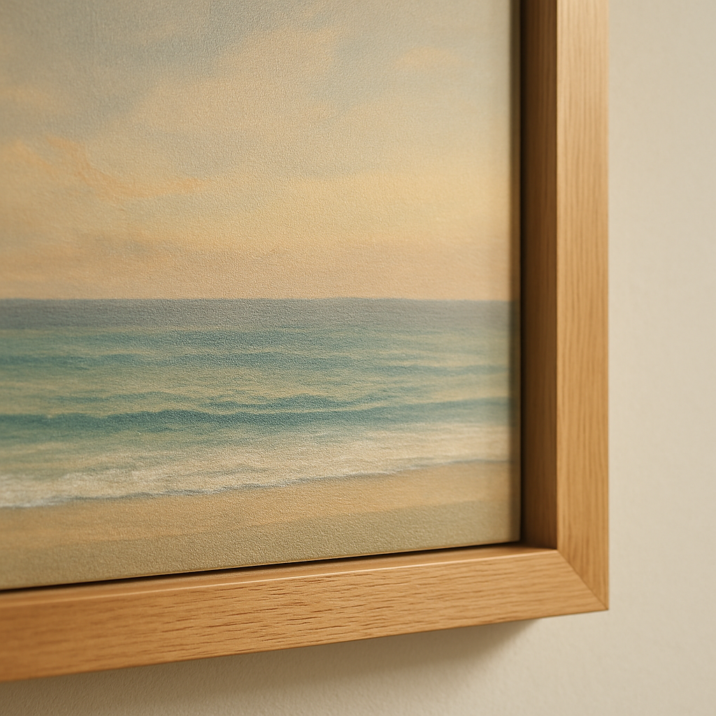 A close‑up of a high‑quality archival canvas paper print displayed on a sleek wooden frame, soft lighting highlighting the subtle texture and matte‑gloss finish. Alt: Archival canvas paper art print with subtle texture and long‑lasting colour.