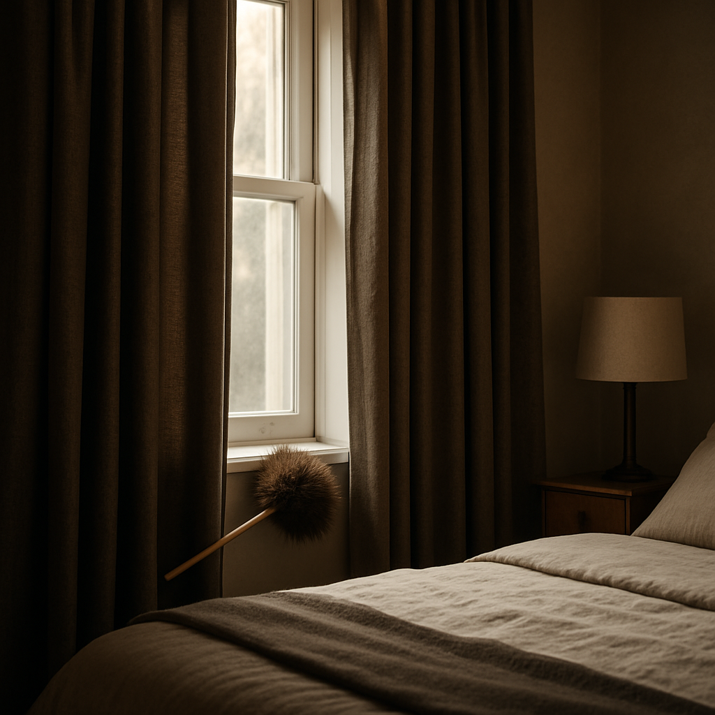 A cozy apartment bedroom with heavy, elegant soundproof curtains partially drawn, showing a subtle dusting brush nearby and a close‑up of sealed window edges. Alt: soundproof curtains for apartment maintenance and upgrade guide