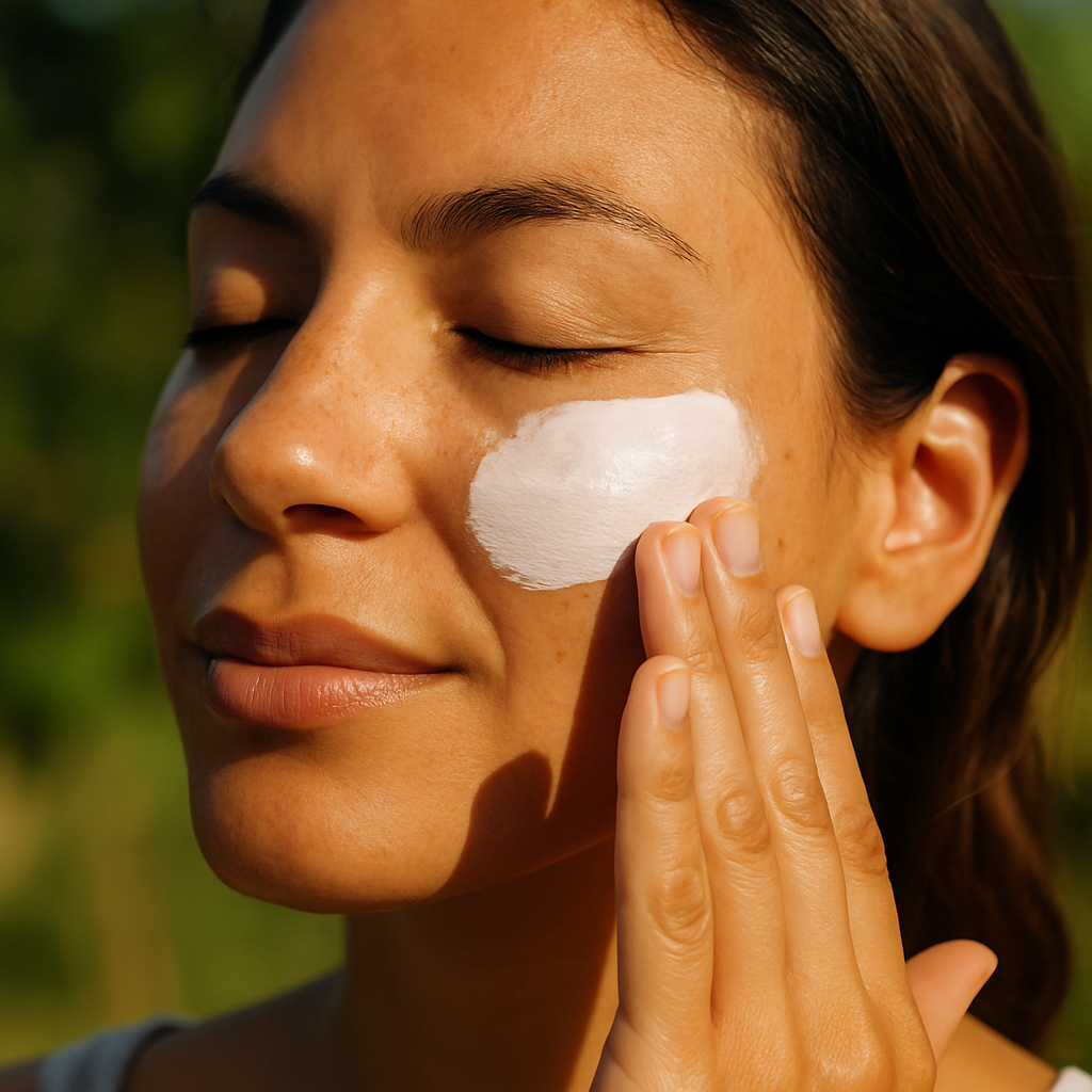 A close-up of a woman applying mineral sunscreen on her face outdoors, sunlight gently illuminating her skin. Alt: Woman using the best sunscreen for melasma, showing mineral-based broad spectrum sun protection application.