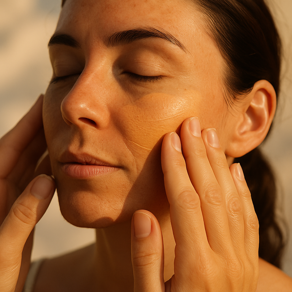 A close-up of hands applying tinted mineral sunscreen gently on a woman's face in morning sunlight. Alt: Applying best sunscreen for melasma with correct technique for maximum protection.