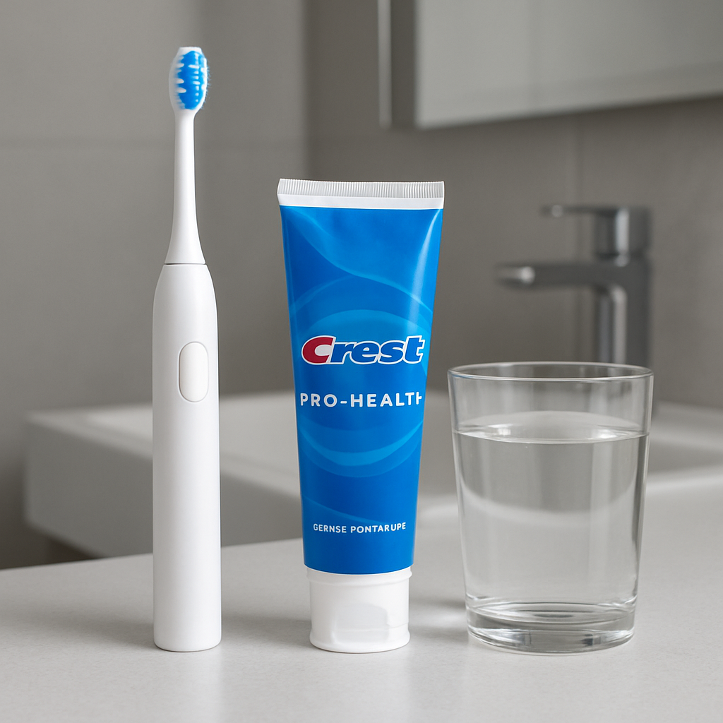 A modern bathroom scene with a sleek white toothbrush and a tube of Crest Pro‑Health toothpaste beside a glass of water. Alt: Toothbrush with Crest Pro‑Health toothpaste beside water.