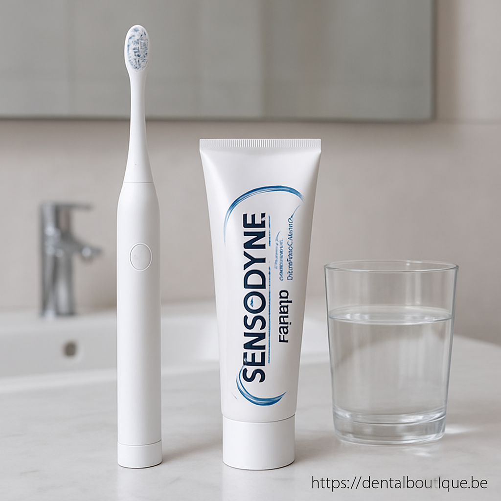 A modern bathroom with a sleek white toothbrush, a tube of Sensodyne Repair & Protect toothpaste, and a glass of clear water on a marble countertop. Alt: Sensodyne Repair & Protect toothpaste beside toothbrush and water.