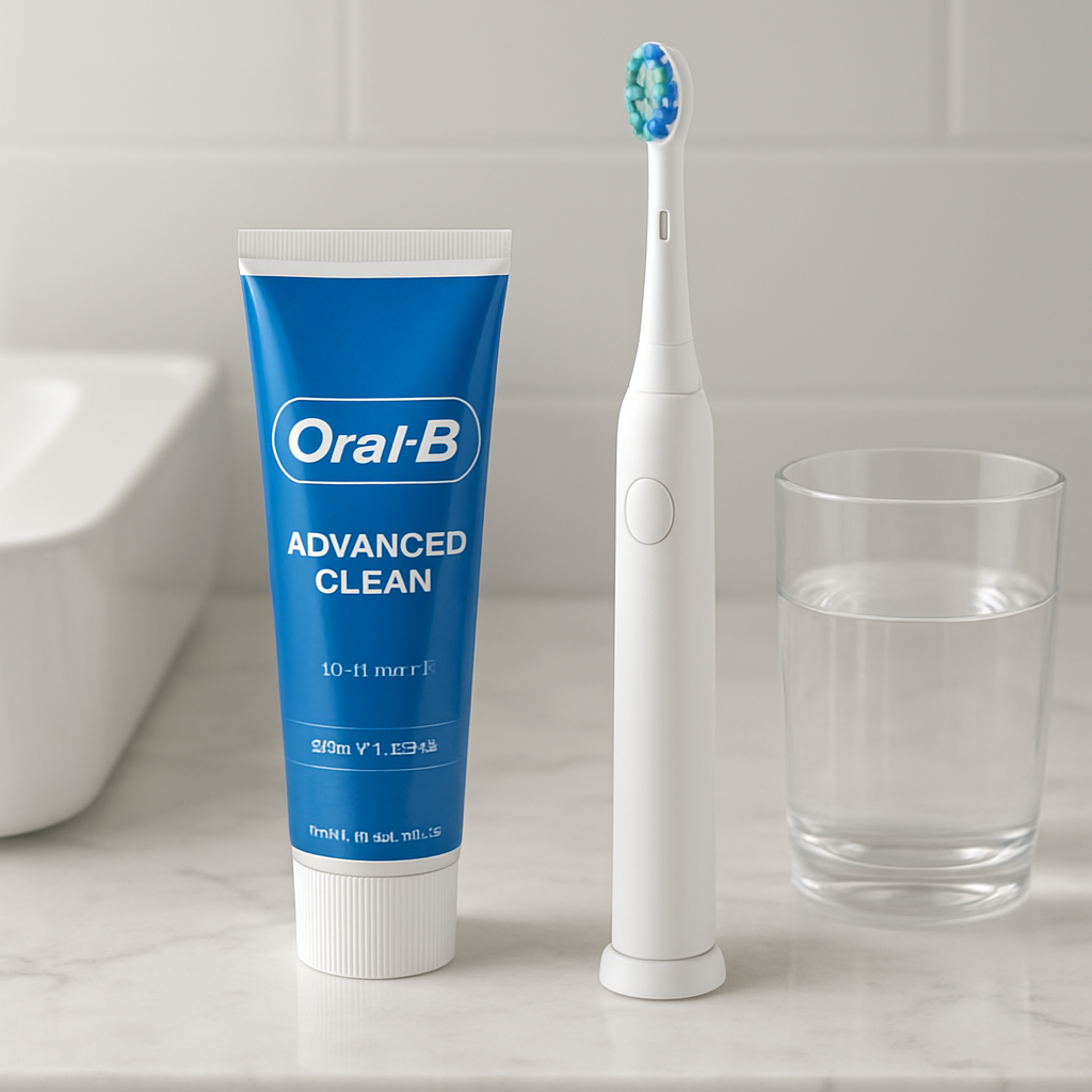 A modern bathroom with a sleek white toothbrush, a tube of Oral‑B Advanced Clean toothpaste, and a glass of water on a marble countertop. Alt: Oral‑B Advanced Clean toothpaste beside toothbrush and water.