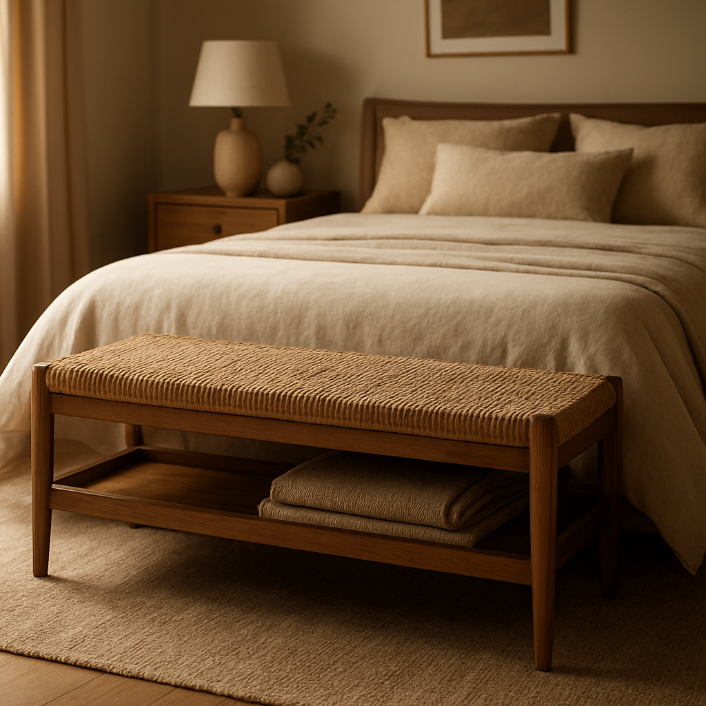 A cozy bedroom scene showing a stylish bench at the foot of the bed, with natural light highlighting the bench’s texture and any storage features. Alt: Bench for end of bed in a beautifully styled bedroom.
