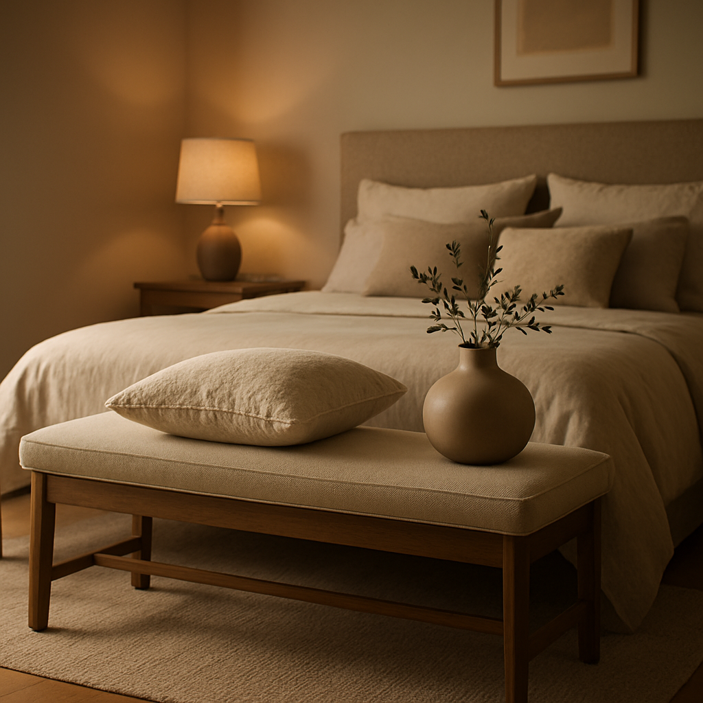 A beautifully styled bedroom with a bench for end of bed, soft lighting, a plush cushion and a decorative vase. Alt: Bench for end of bed styling and placement ideas