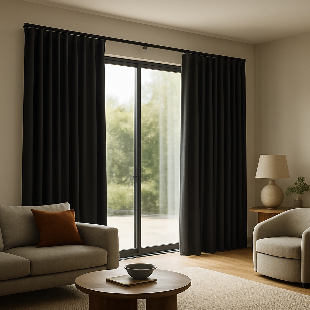 A modern living room with floor‑to‑ceiling blackout curtains sliding smoothly over a glass door, highlighting the hardware. Alt: blackout curtains for sliding glass doors installed seamlessly