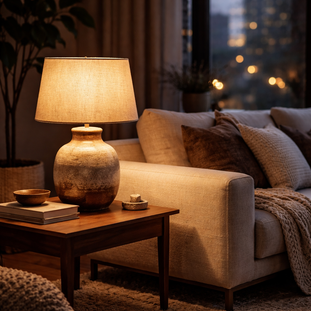 A Cinematic, photorealistic living room corner at dusk, a handcrafted ceramic table lamp sits on a walnut side table beside a plush beige sofa and a textured rug, with warm light diffusing through a linen shade; a window shows city lights outside. Alt: Ceramic table lamp living room scene showing warm glow and textile textures.