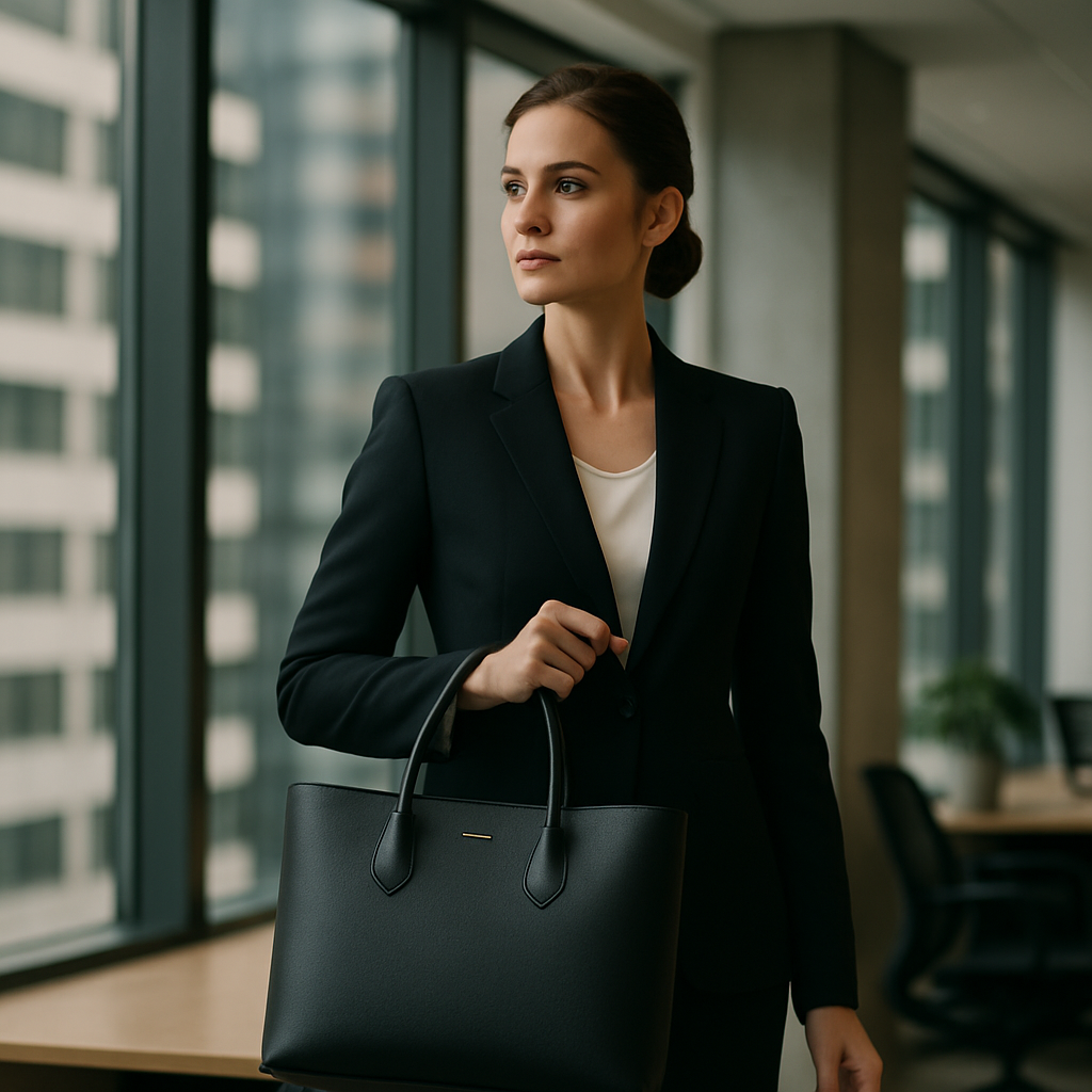 A stylish professional woman holding a sleek designer tote bag in a modern office setting. Alt: designer tote bags for work professional style