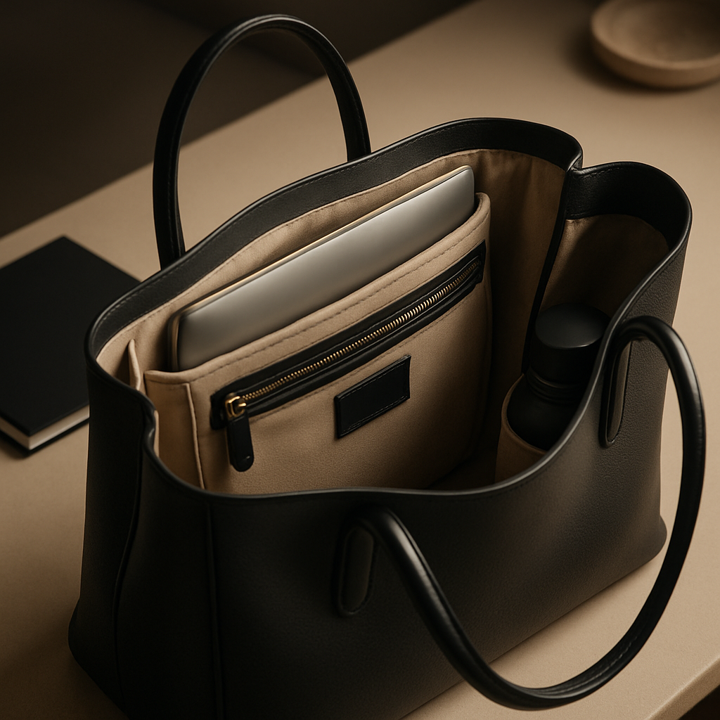 A sleek designer tote bag opened on a desk, showing padded laptop sleeve, zip pocket, and side water‑bottle slot. Alt: organized designer tote bags for work interior layout.