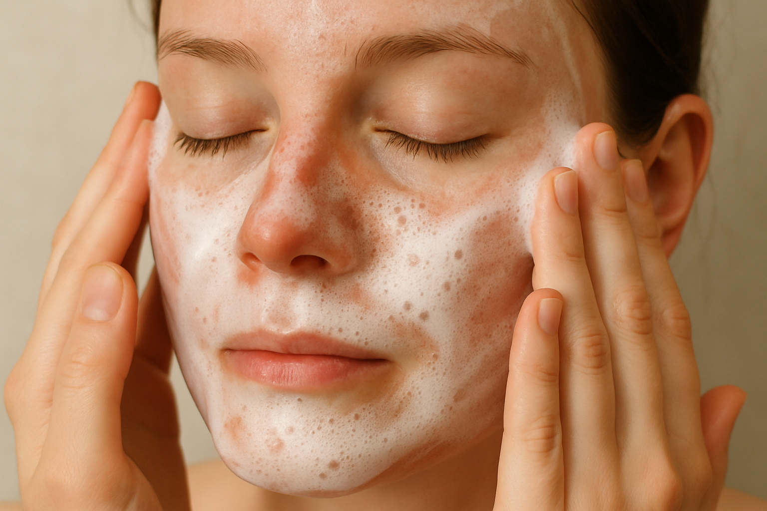 Close-up of two hands gently cleansing a face with a soft foam, illustrating soothing cleansing for sensitive skin. Alt: gentle cleanser for reactive skin in use.
