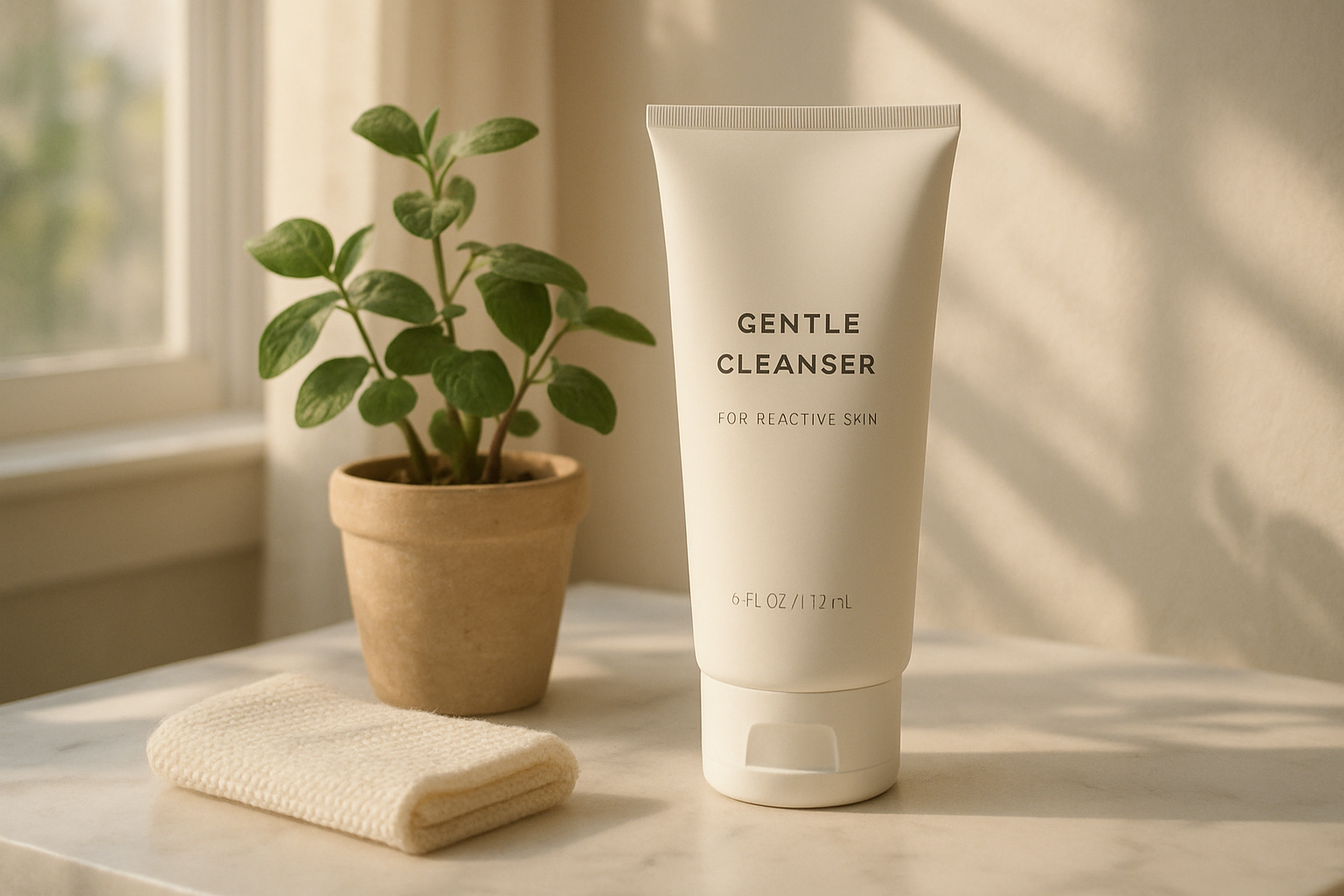 A serene morning skincare setup featuring a gentle cleanser, a small plant, and natural light. Alt: gentle cleanser for reactive skin as part of a calming routine.
