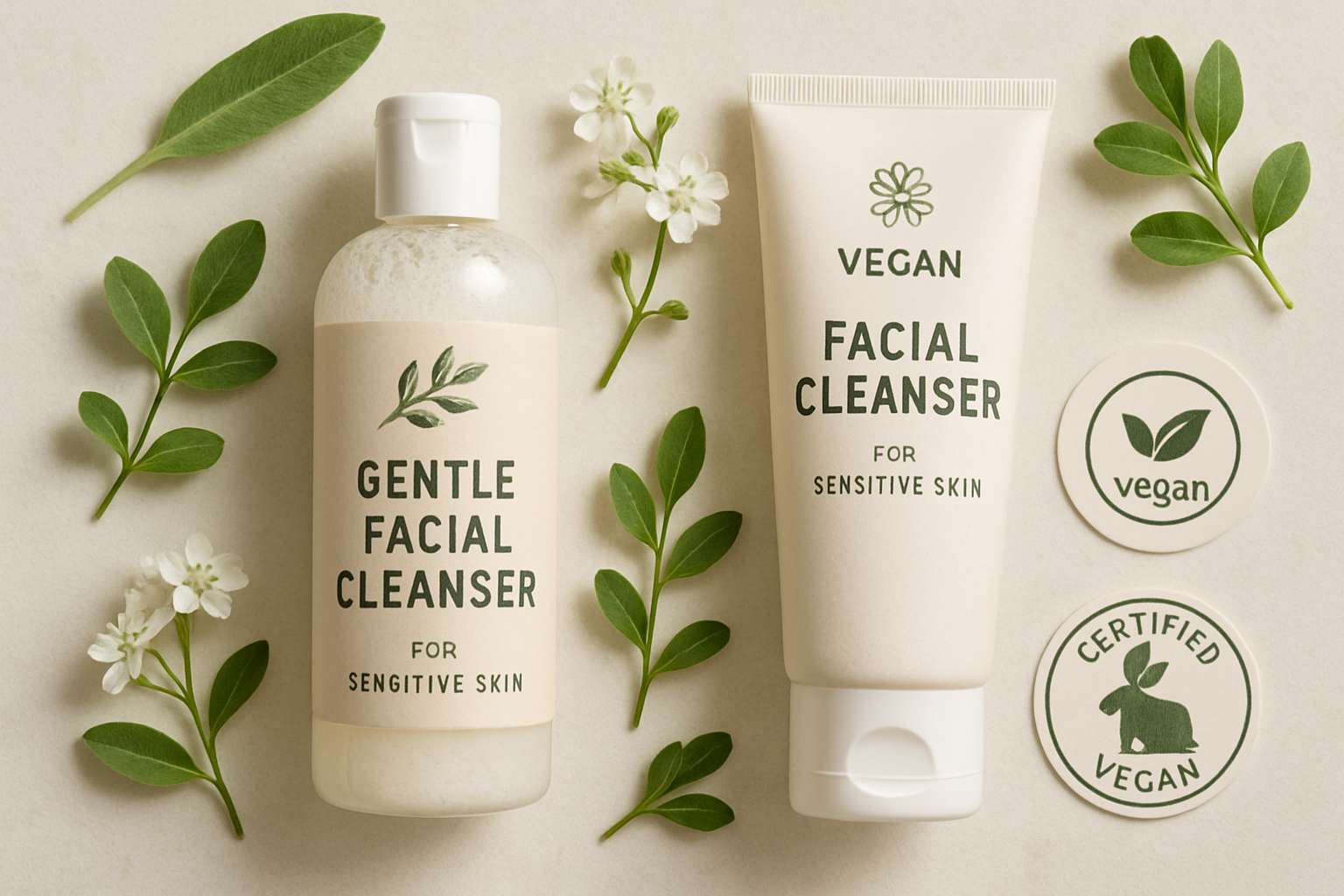 A flatlay showing gentle vegan facial cleansers with botanical ingredients and certification badges. Alt: Certified vegan facial cleanser for sensitive reactive skin.